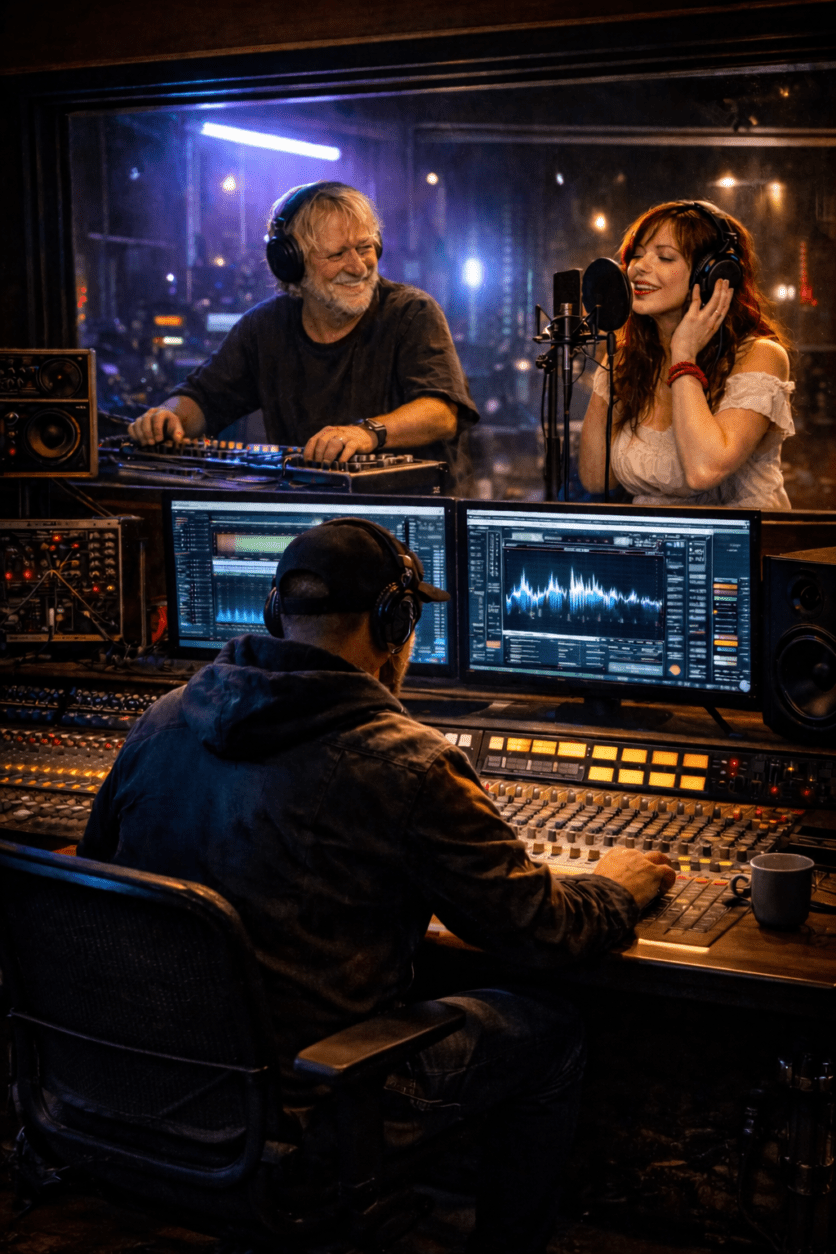 Two singers perform into a microphone in a glass-walled recording booth as a producer adjusts the mixing console in the control room.
