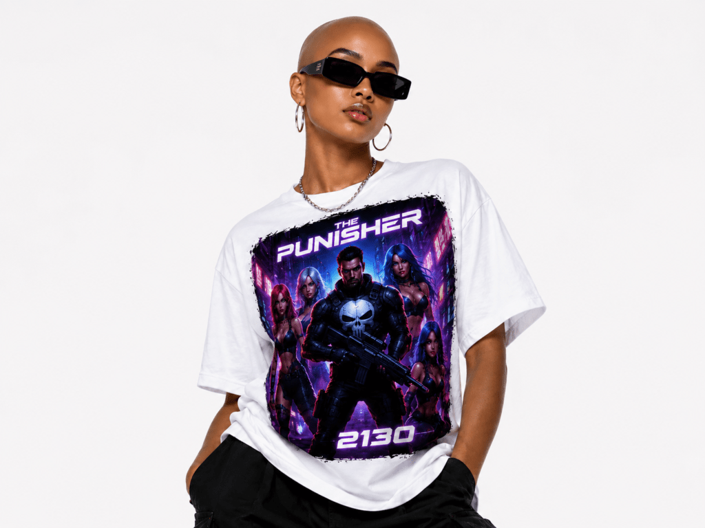 Model wearing a white T-shirt with a purple-pink The Punisher 2130 graphic, black sunglasses, and hoop earrings, posing against a light background.