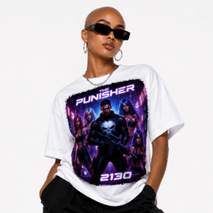 Model wearing a white T-shirt with a purple-pink The Punisher 2130 graphic, black sunglasses, and hoop earrings, posing against a light background.
