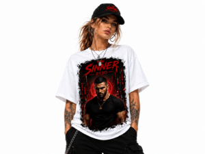 Woman modeling a white graphic tee with a bold red and black