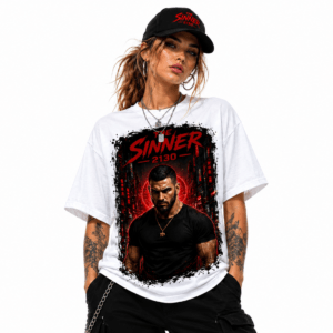 Woman modeling a white graphic tee with a bold red and black