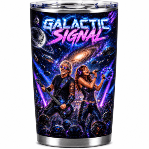 Tumbler with vibrant sci‑fi concert art and the words Galactic Signal across the top; two performers with instruments performing on a neon galaxy stage.
