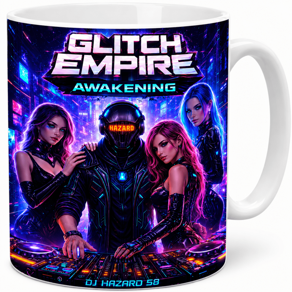 Cyberpunk-themed mug featuring the text 'Glitch Empire Awakening' with four female characters around a futuristic DJ console in a neon cityscape