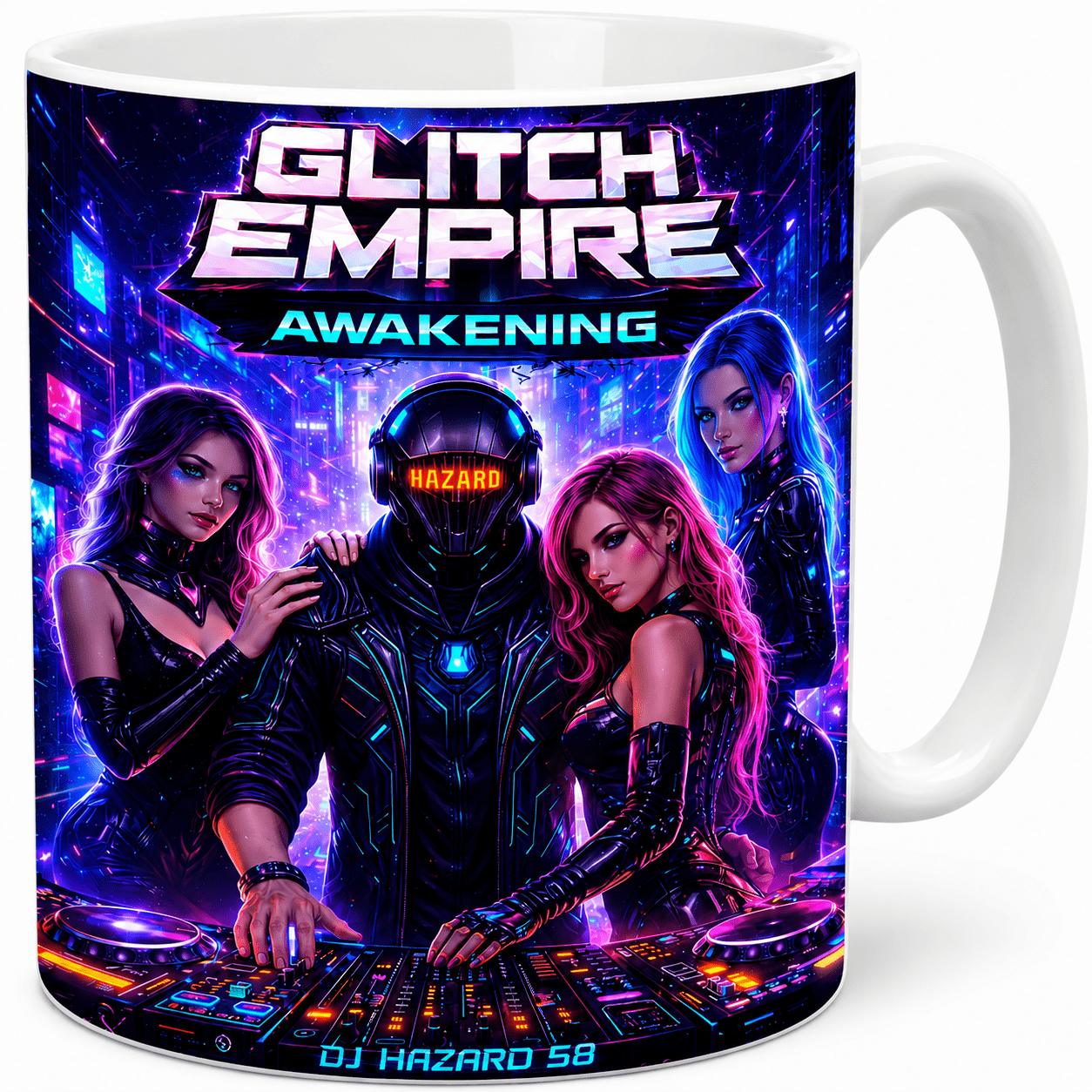 Cyberpunk-themed mug featuring the text 'Glitch Empire Awakening' with four female characters around a futuristic DJ console in a neon cityscape