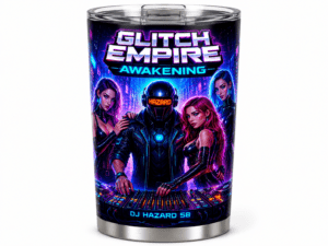 Tumbler with neon cyberpunk artwork: a central helmeted DJ and three female DJs around a mixing console, with 'Glitch Empire Awakening' and 'DJ Hazard 58' text.