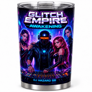 Tumbler with neon cyberpunk artwork: a central helmeted DJ and three female DJs around a mixing console, with 'Glitch Empire Awakening' and 'DJ Hazard 58' text.