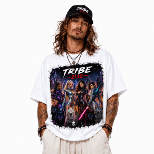 Model wearing a white graphic T‑shirt with a sci‑fi group of women and wolves and the text 'TRIBE 2130', cap on head, hands in pockets.