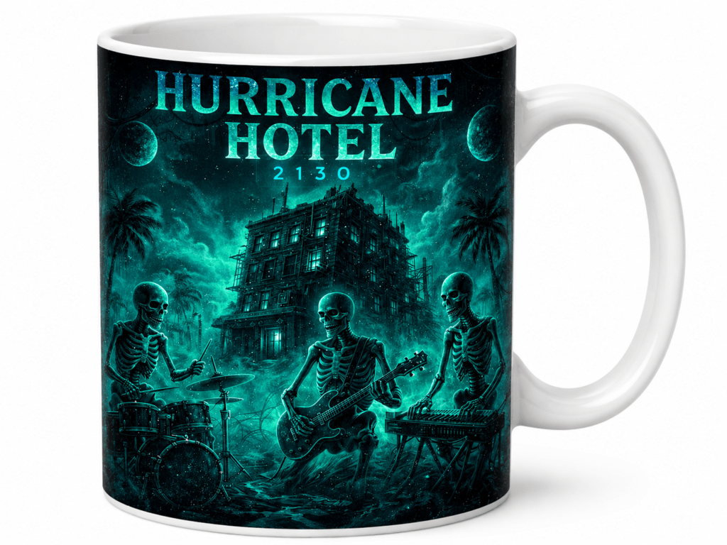 Teal-toned mug illustration of three skeleton musicians playing drums, guitar, and keyboard in front of a haunted hotel.