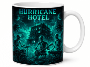 Teal-toned mug illustration of three skeleton musicians playing drums, guitar, and keyboard in front of a haunted hotel.
