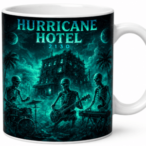 Teal-toned mug illustration of three skeleton musicians playing drums, guitar, and keyboard in front of a haunted hotel.