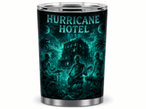 Travel tumbler with teal Halloween-themed artwork showing a haunted hotel and skeleton band, 'Hurricane Hotel 2130' title on the front.