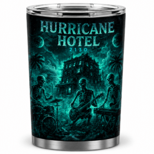 Travel tumbler with teal Halloween-themed artwork showing a haunted hotel and skeleton band, 'Hurricane Hotel 2130' title on the front.