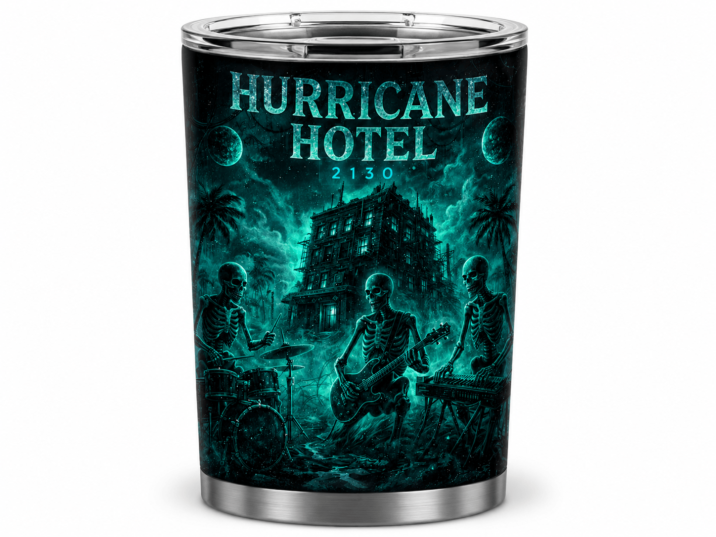 Travel tumbler with teal Halloween-themed artwork showing a haunted hotel and skeleton band, 'Hurricane Hotel 2130' title on the front.