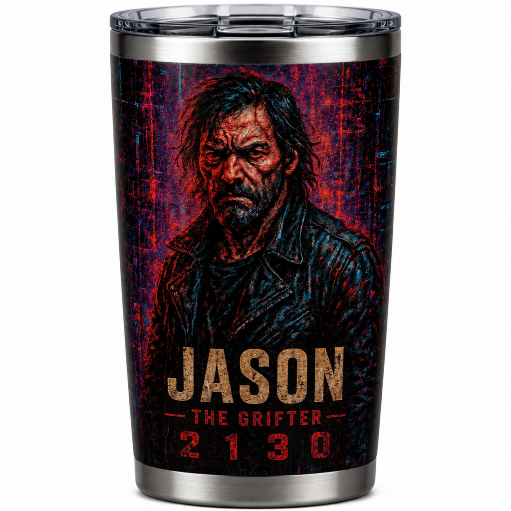 Travel tumbler featuring a neon-drenched, gritty portrait of Jason with bold 'JASON' and 'THE GRIFTER' text and '2130' at the bottom