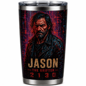 Travel tumbler featuring a neon-drenched, gritty portrait of Jason with bold 'JASON' and 'THE GRIFTER' text and '2130' at the bottom