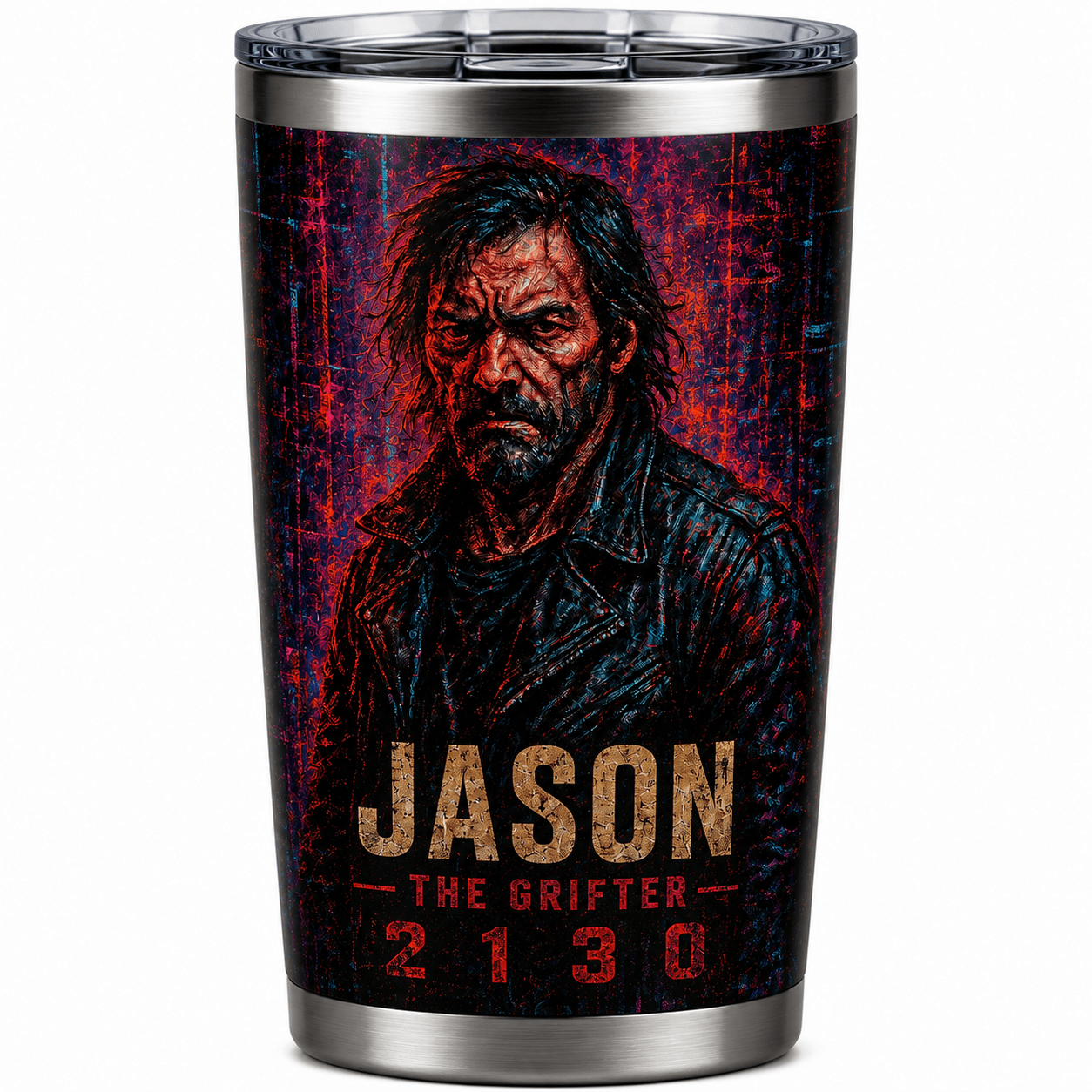 Travel tumbler featuring a neon-drenched, gritty portrait of Jason with bold 'JASON' and 'THE GRIFTER' text and '2130' at the bottom