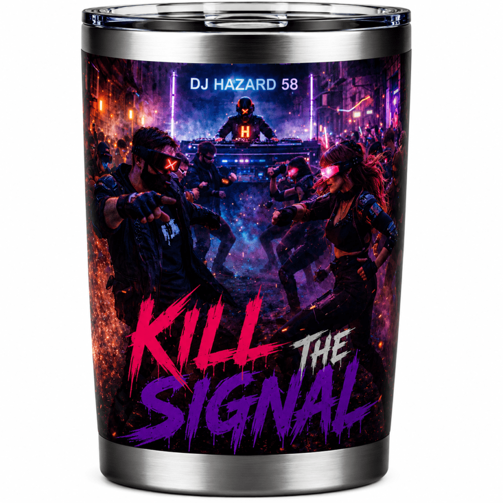 Tumbler with neon cyberpunk scene: dancers in glow gear, DJ booth in the background, and 'Kill the Signal' headline.