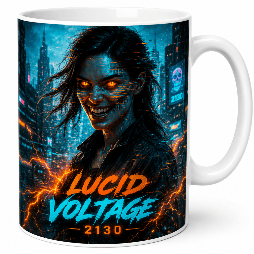 Mug featuring a sci‑fi illustration of a woman with glowing orange eyes, blue skin tones, and electric sparks in a neon city backdrop, with 'Lucid Voltage' text.