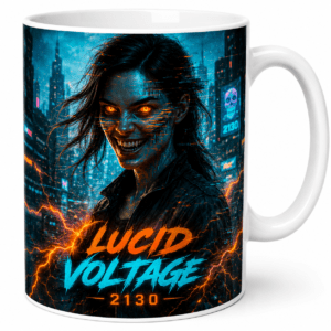 Mug featuring a sci‑fi illustration of a woman with glowing orange eyes, blue skin tones, and electric sparks in a neon city backdrop, with 'Lucid Voltage' text.