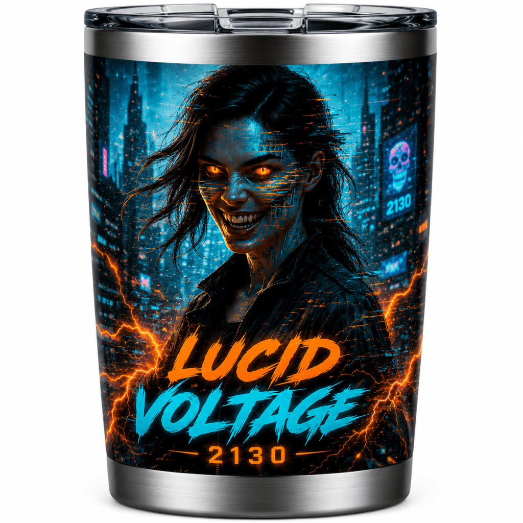 Travel tumbler with neon cyberpunk art: a snarling zombie woman amid orange lightning, 'LUCID VOLTAGE' and '2130' branding on a city backdrop.