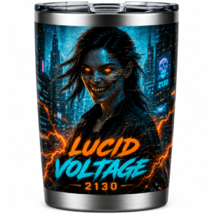 Travel tumbler with neon cyberpunk art: a snarling zombie woman amid orange lightning, 'LUCID VOLTAGE' and '2130' branding on a city backdrop.