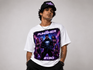 Model wearing a white T-shirt with a neon Punisher 2130 graphic and a black cap with a silver chain.