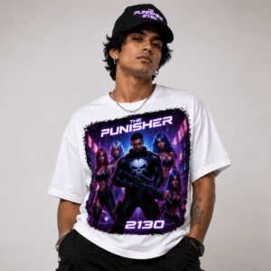 Model wearing a white T-shirt with a neon Punisher 2130 graphic and a black cap with a silver chain.