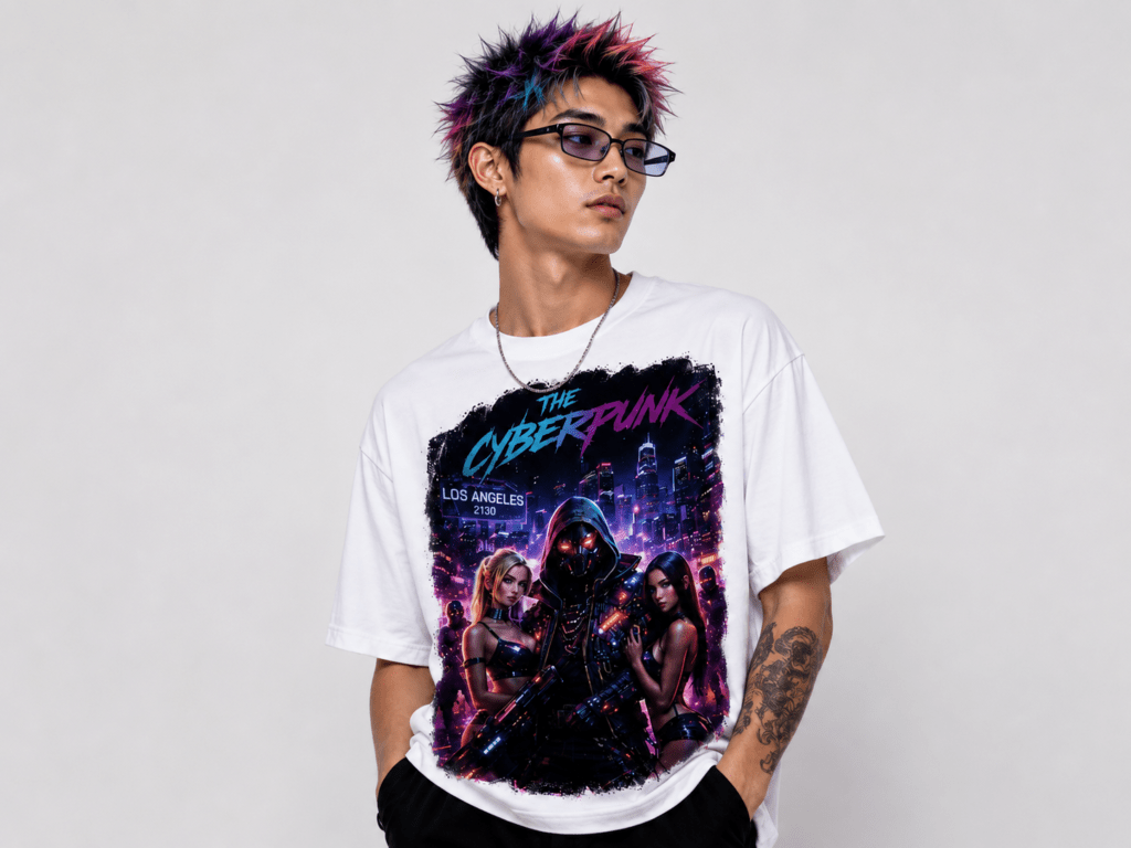 Person with multicolored spiky hair and sunglasses wearing a white graphic T-shirt showing neon cyberpunk city artwork; visible tattoo on forearm.