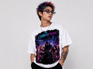 Person with multicolored spiky hair and sunglasses wearing a white graphic T-shirt showing neon cyberpunk city artwork; visible tattoo on forearm.