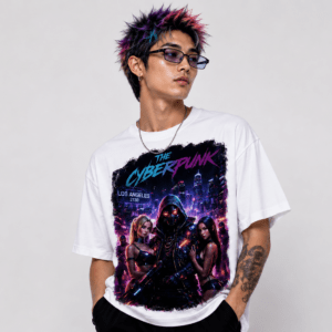 Person with multicolored spiky hair and sunglasses wearing a white graphic T-shirt showing neon cyberpunk city artwork; visible tattoo on forearm.