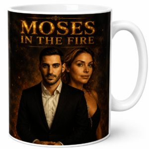 Mug printed with a fiery promotional poster: a man in a suit and a woman, titled 'Moses in the Fire.'