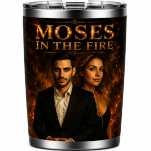 Fire-themed travel mug with the title 'MOSES IN THE FIRE' and a man in a suit beside a woman in black against a fiery background.