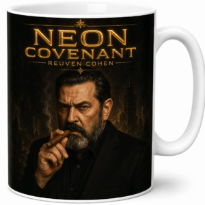 Mug printed with Neon Covenant artwork: a bearded man smoking a cigar against a dark, smoky city backdrop with gold lettering above.