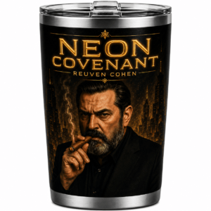 Black tumbler with gold 'NEON COVENANT' branding and a bearded man smoking a cigar against a city skyline.