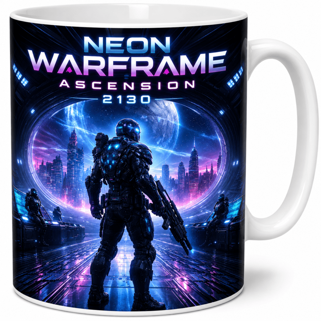 Mug featuring neon Warframe Ascension 2130 artwork with armored soldiers and a neon cityscape in blue and pink hues