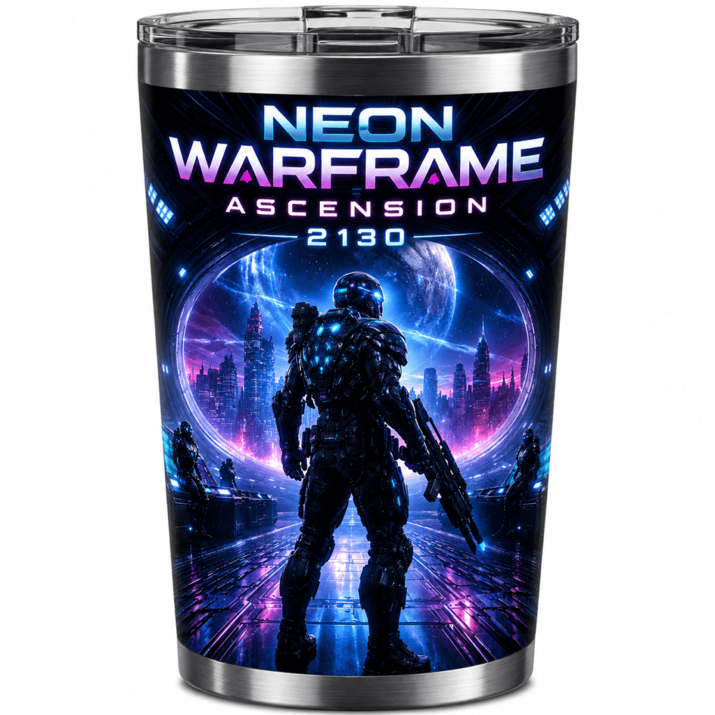 Travel tumbler featuring Neon Warframe Ascension 2130 artwork with a futuristic armored warrior overlooking a neon cityscape.