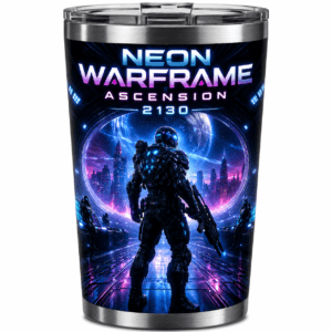Travel tumbler featuring Neon Warframe Ascension 2130 artwork with a futuristic armored warrior overlooking a neon cityscape.