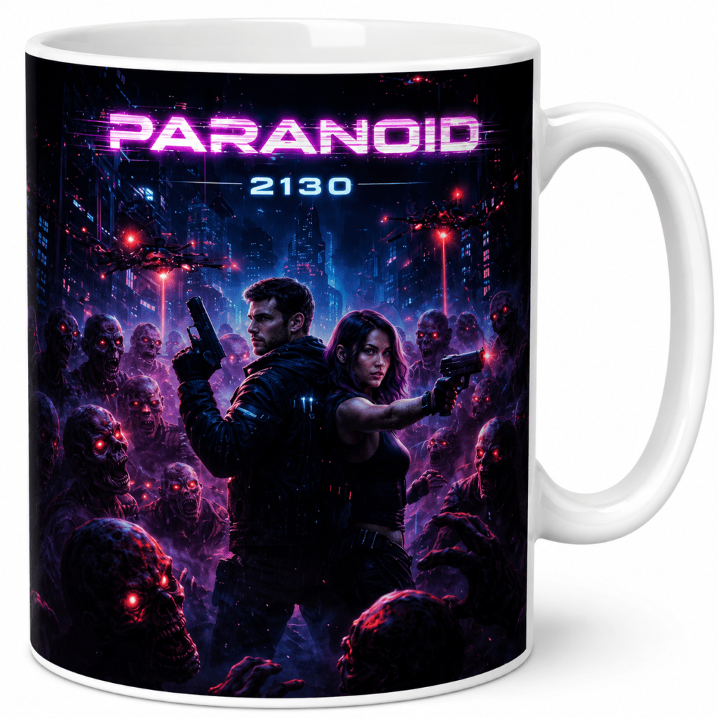 Mug featuring a neon sci-fi poster with two heroes back-to-back, aiming pistols amid a zombie crowd, PARANOID 2130 text above.