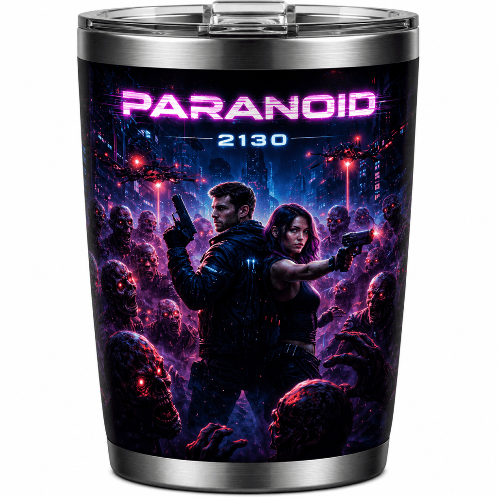Tumbler with neon sci‑fi poster: two gun-wielding protagonists stand back‑to‑back among a horde of zombies in a neon city, with the title PARANOID 2130 at the top.