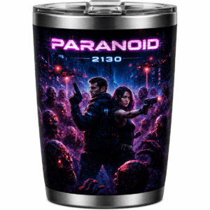 Tumbler with neon sci‑fi poster: two gun-wielding protagonists stand back‑to‑back among a horde of zombies in a neon city, with the title PARANOID 2130 at the top.