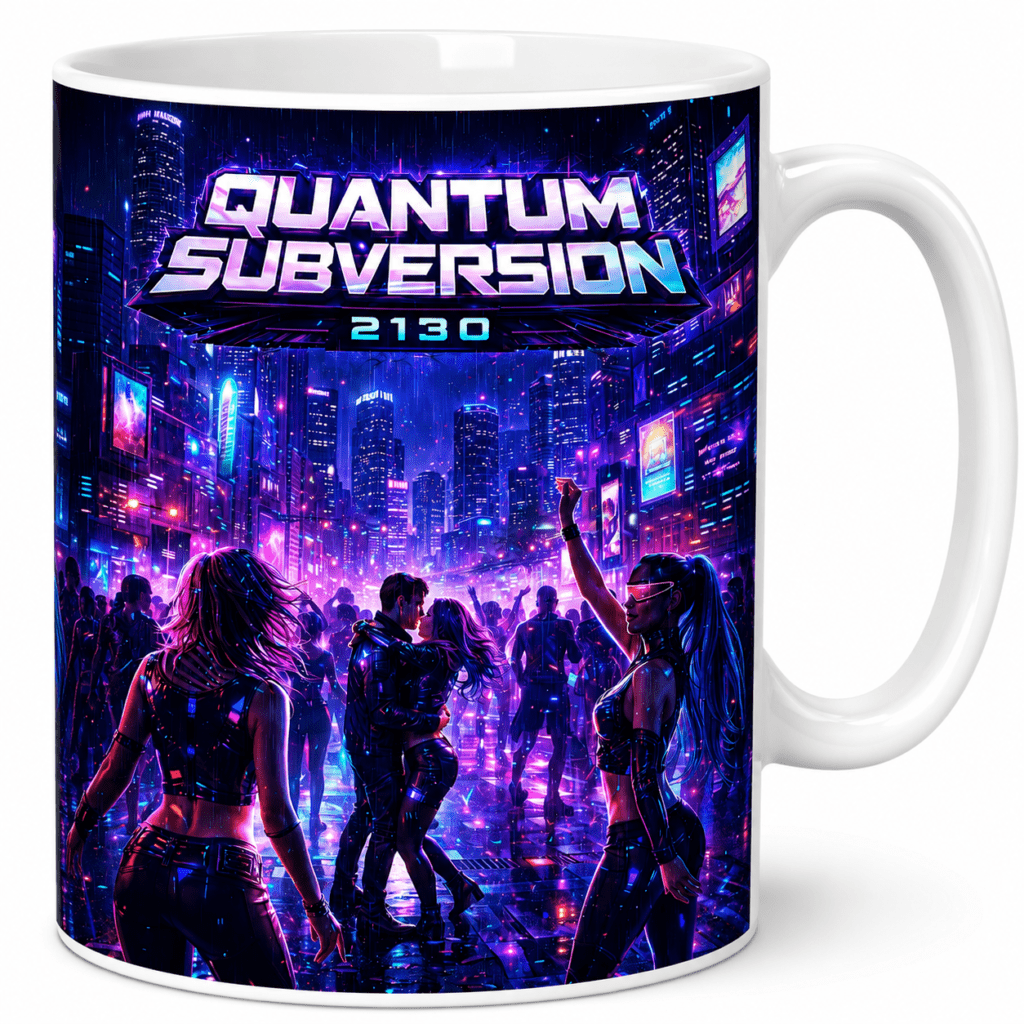 Mug featuring a neon cyberpunk concert scene with crowds under city lights and the text 'QUANTUM SUBVERSION 2130' across the top
