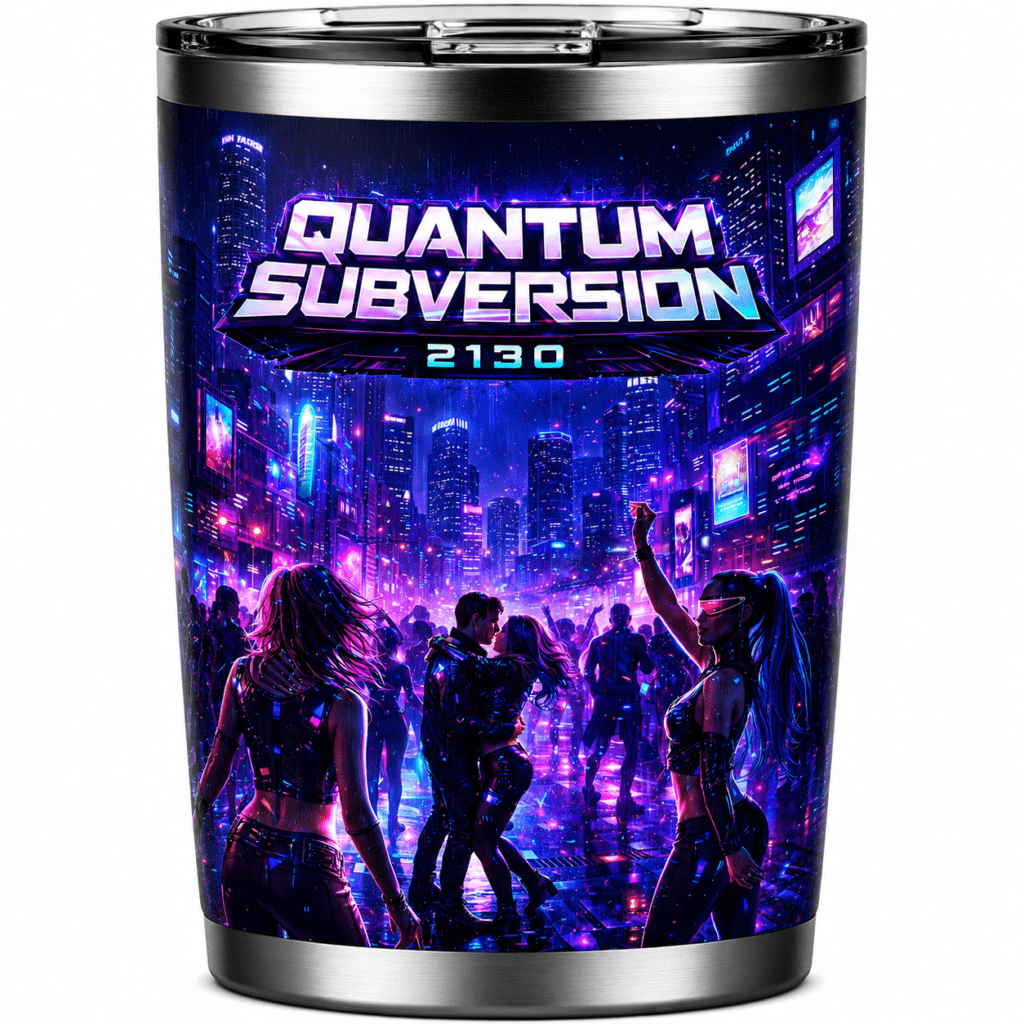 Tumbler featuring neon 'Quantum Subversion 2130' logo above a futuristic nightclub crowd.