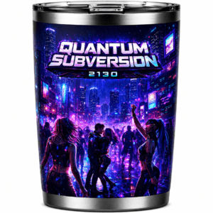 Tumbler featuring neon 'Quantum Subversion 2130' logo above a futuristic nightclub crowd.