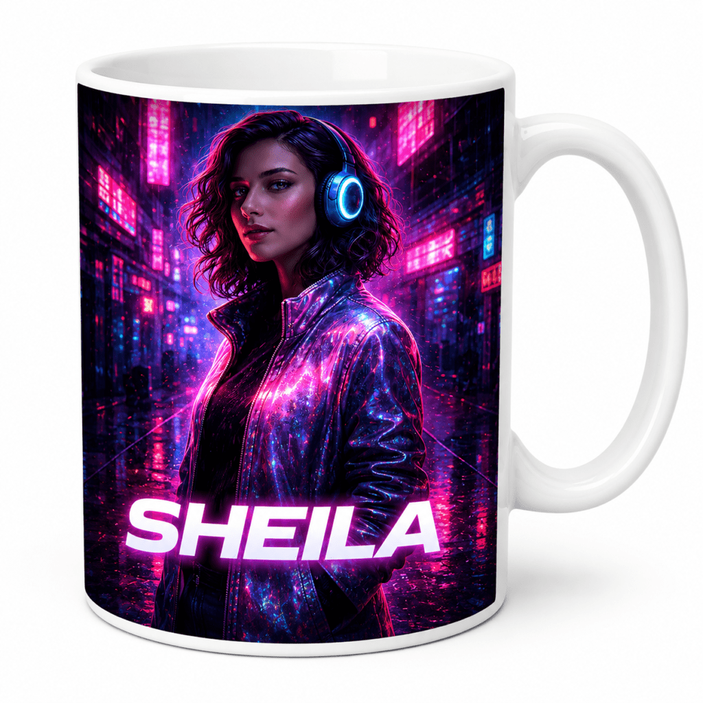 Mug featuring neon sci‑fi art: a woman with headphones in a neon city, with the name SHEILA in bold pink letters.