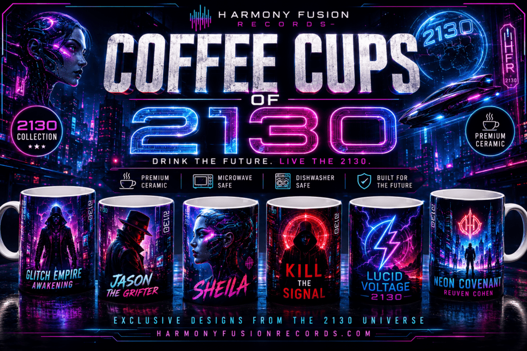 Neon sci-fi album poster for Harmony Fusion Records featuring six illustrated mugs with character art and the title Coffee Cups of 2130, engineered to look futuristic and collectible.