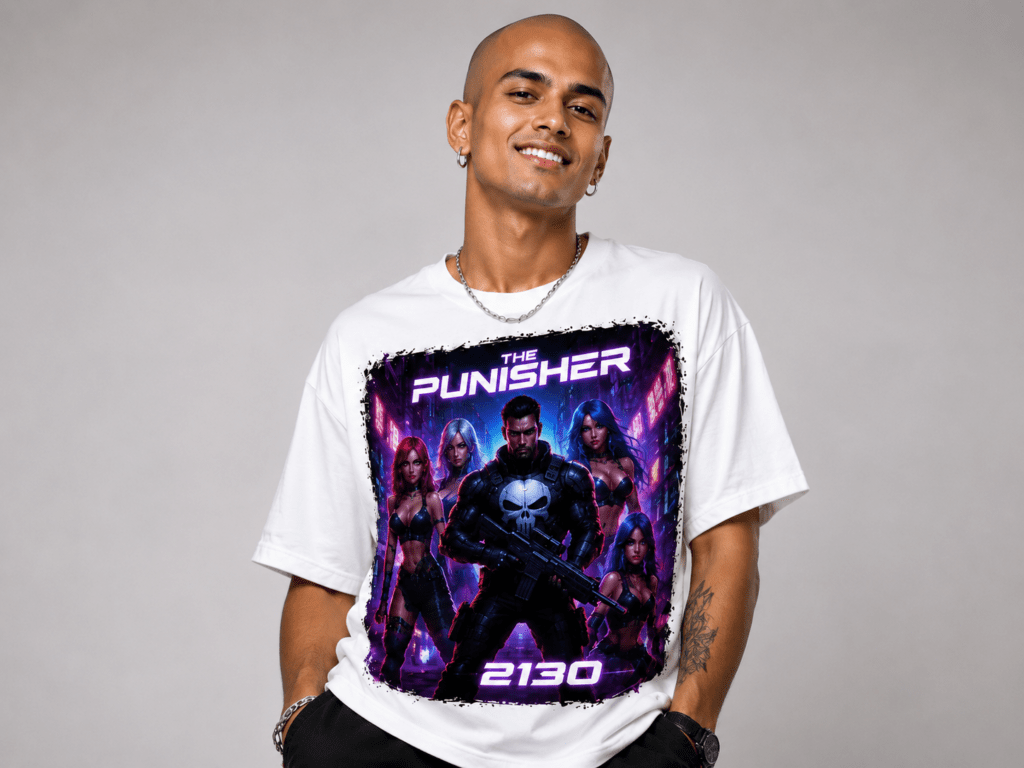 A man wearing a white graphic T‑shirt with a neon Punisher design and characters, smiling at the camera.