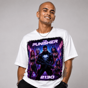 A man wearing a white graphic T‑shirt with a neon Punisher design and characters, smiling at the camera.