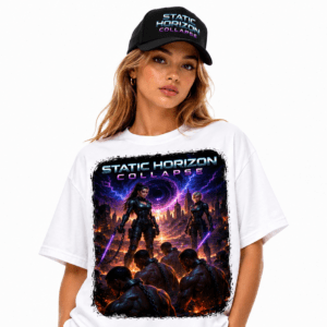 Model wearing a white T-shirt with a vibrant 'Static Horizon Collapse' graphic and a black cap with the same logo.