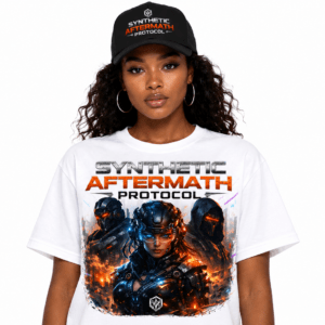 Model wearing a white T-shirt with the bold 'Synthetic Aftermath Protocol' graphic and armored figures.",