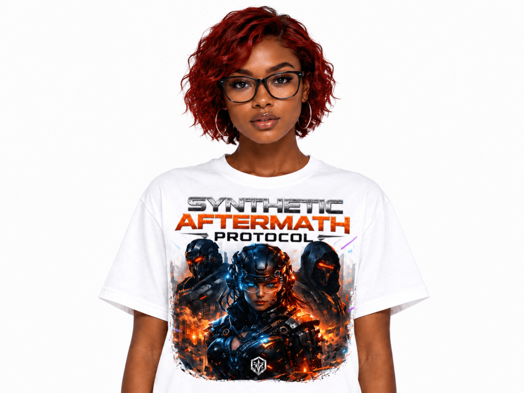 Young woman with red curly hair and black glasses wearing a white T‑shirt featuring the 'Synthetic Aftermath Protocol' graphic with armored characters.